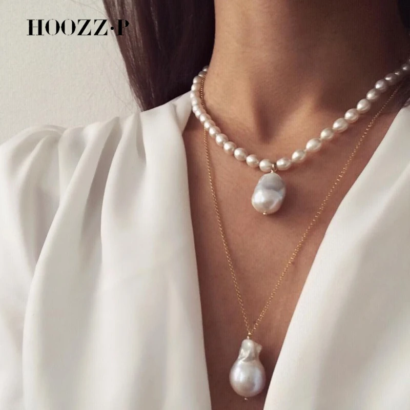 HOOZZ.P Fashion Big Pearls Necklace Baroque Pendant Natural Freshwater Cultured Ins Pearl Jewelry Fine Drop Wedding Party Gifts