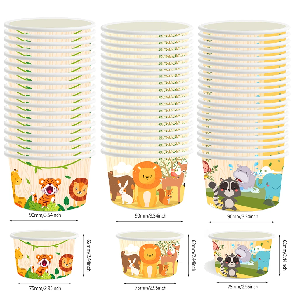 8/12/24/32Pcs Jungle Animal Ice Cream Snack Cups Disposable Paper Dessert Bowls Boxes Kids Safari Animal Birthday Party Supplies