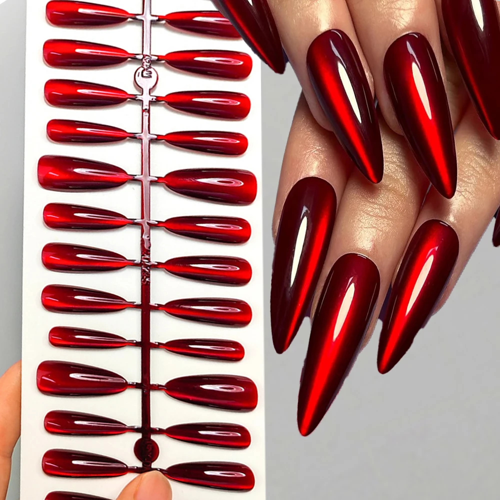 

30pcs Y2K Halloween Sparkling Red Cat Eye Press on Nails Long Almond Full Cover Cat Eye Fake NailsTip For Women Party Daily Wear