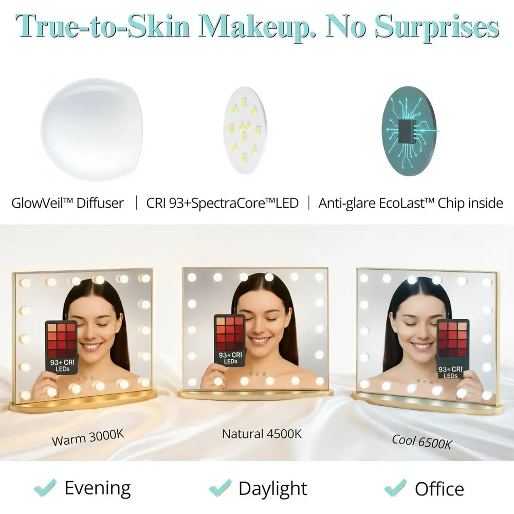 18-LED Hollywood make-upspiegel, 23,6 lang, 3-kleuren verlichting, tafelblad make-upspiegel voor slaapkamer