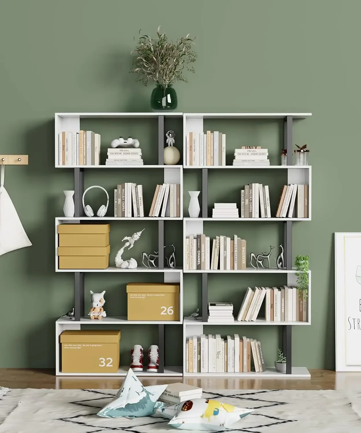 5 Tier Geometric Bookcase,S Shaped Bookshelf, Wood Decorative Storage Shelving, Modern Freestanding Display Shelves