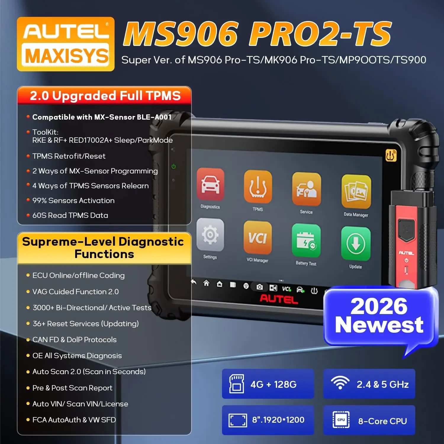 Autel MaxiSYS MS906 PRO2-TS OBD2 Scanner Full TPMS Coding Diagnostic Tool | Full Vehicle Systems 36+ Service Functions Auto Scan 2.0 CAN FD & DoIP Upgraded of MS906PRO-TS MK906S PRO2-TS MP900TS
