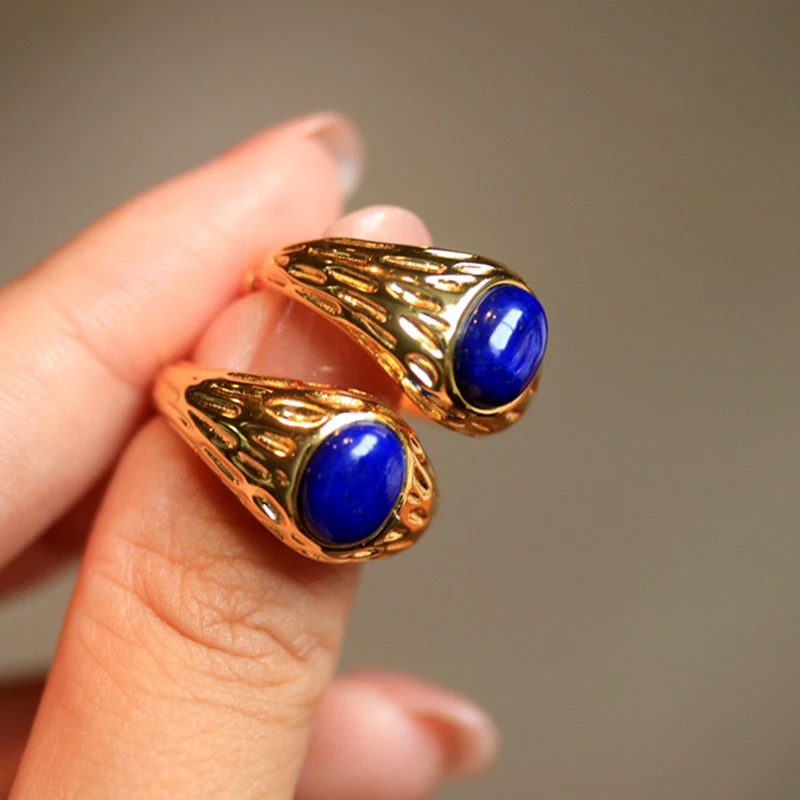 MIQIAO Natural Stone Lapis Lazuli Ring 925 Silver Adjustable Vintage Trend Ring For Women Fine Jewelry 925 Silver Gold Plated