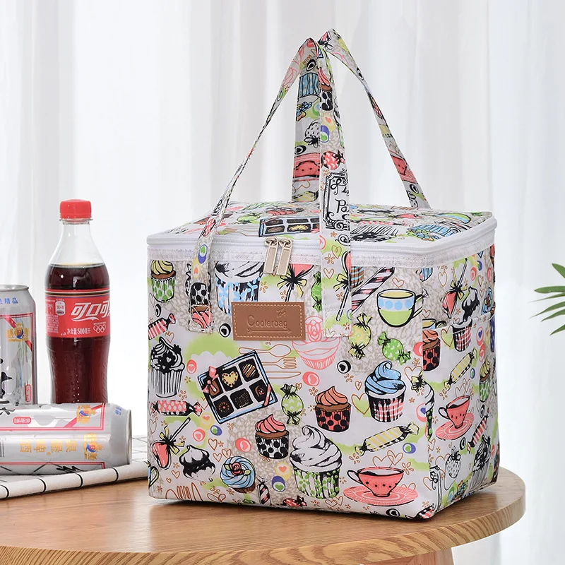 Bolsa de aislamiento cuadrada de 10L, bolsa de hielo portátil, bolsa de almuerzo con estampado de moda, Bento