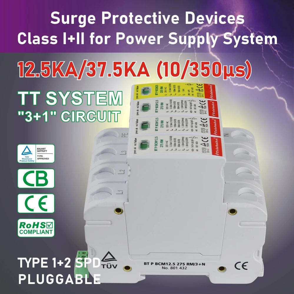 Factory Telebahn TUV 3P+N T1+T2 Uc150V 275V 300V 320V 385V 440V Iimp12.5kA Three Phase Surge Arresters Protector Suppressor SPD