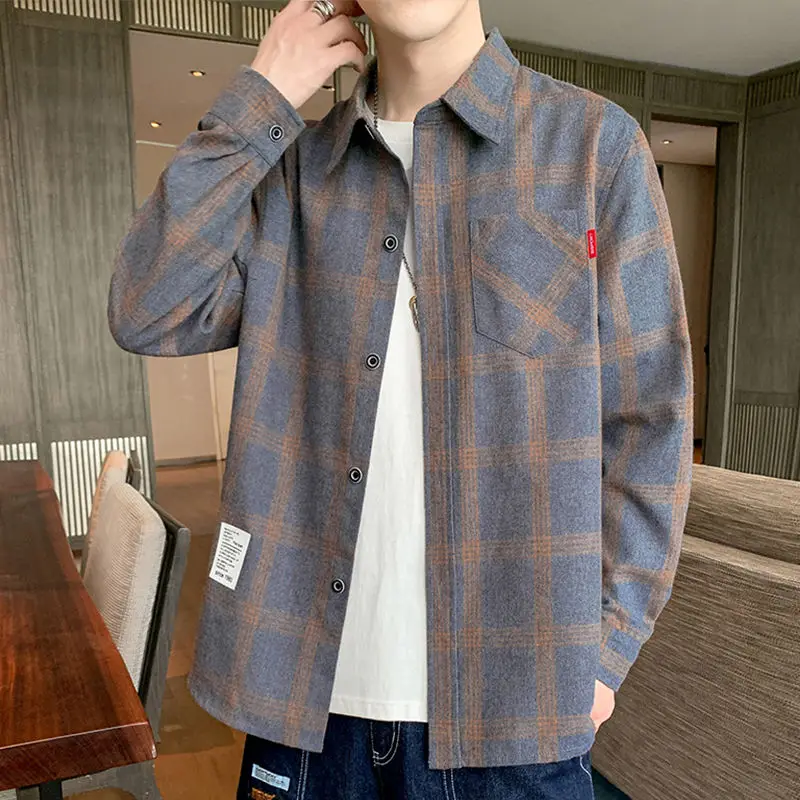 Frühling Herbst Neue Mode drehen-unten Kragen Langarm Plaid Bluse männer Kleidung Koreanische Taste Trend Casual Alle-spiel Shirts