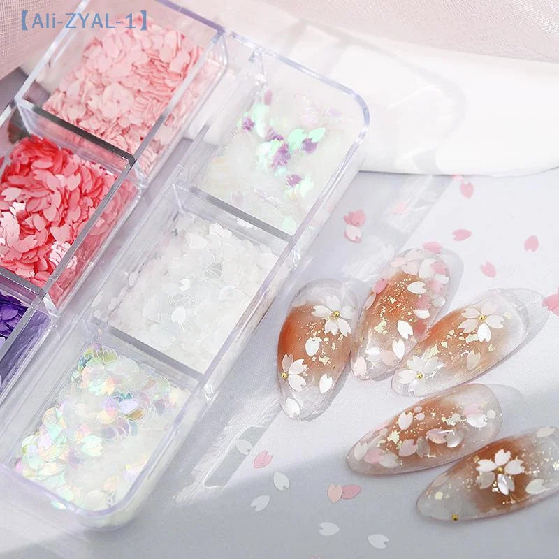 【ZYAL-1】6 rejillas de pétalos de flores brillantes, lentejuelas para uñas, flores de cerezo, pegatinas con purpurina, decoración holográfica de primavera, decoración de escamas
