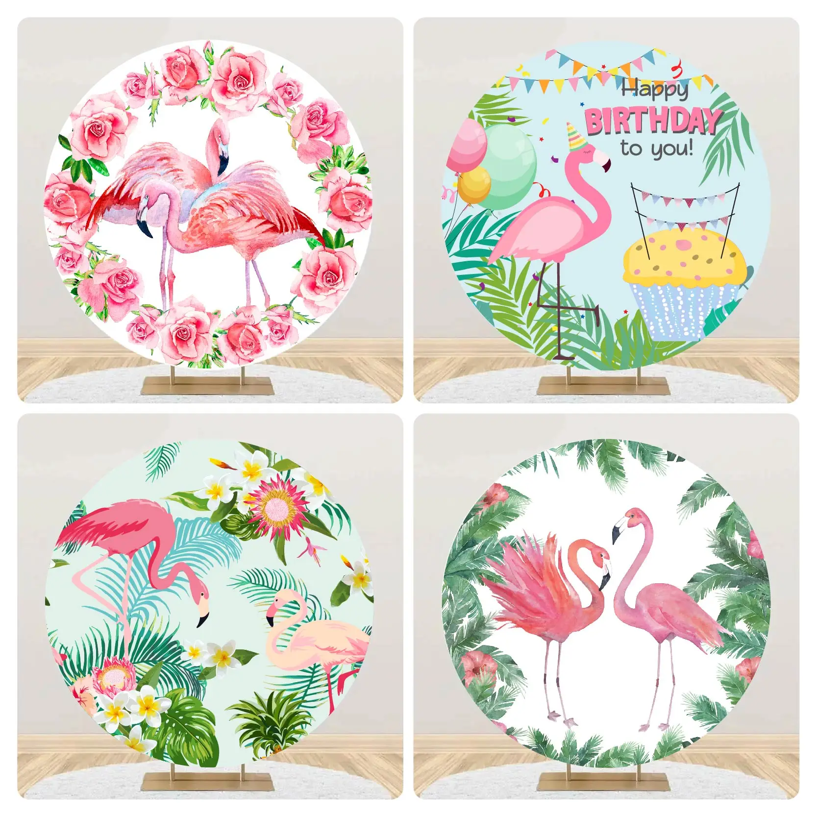 

Pink Flamingos Round Circle Backdrop Covers Summer Aloha Hawaiian Tropical Birthday Party Supplies Photo Studio Background Decor