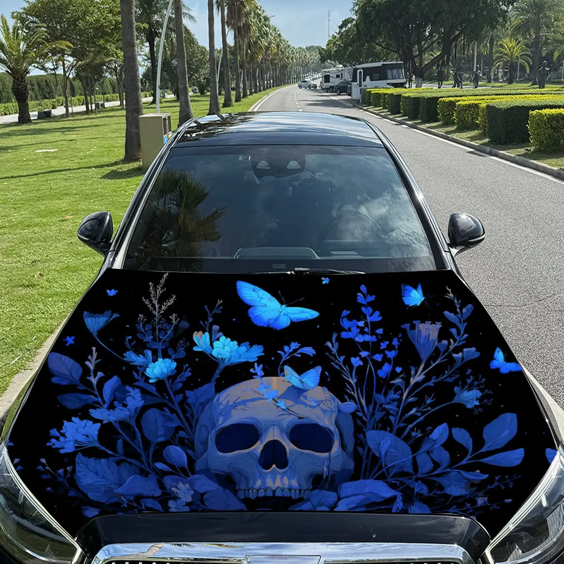 Blues Skull and Dance of Butterflies & Flowers Car Vinyl Wrap, PVC Material Waterproof Car Hood Sticker, Self-Adhesive Scratch-R