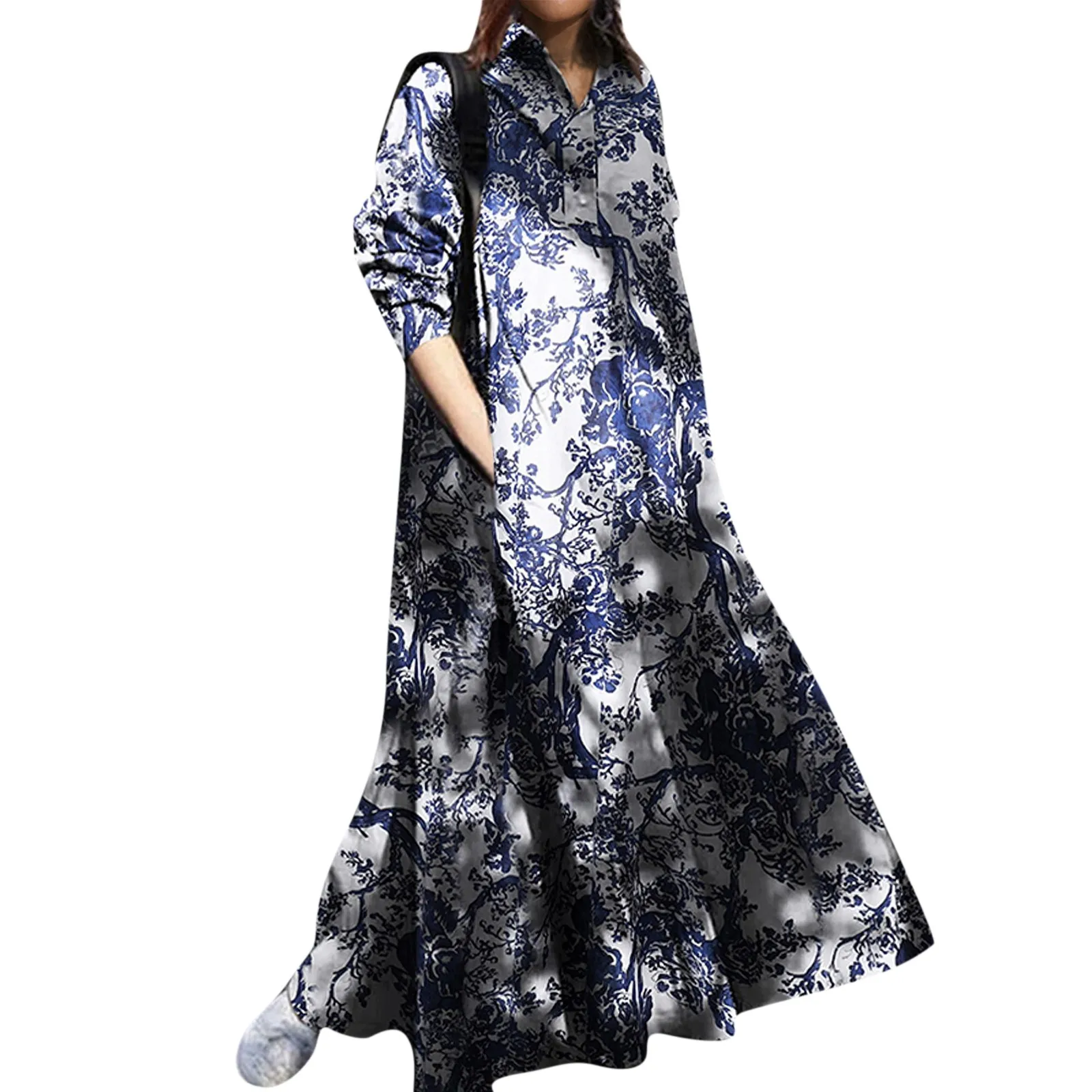 Women'S Retro Ethnic Printed Dress Large Size Loose Long-Sleeved Dress Fashion V-Neck Lapel Button Collar Long Dress Vestidos