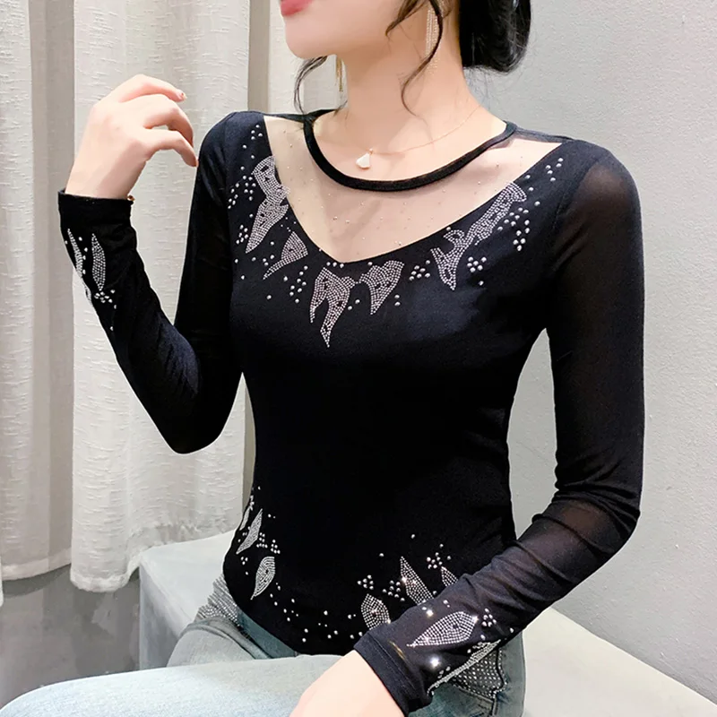M-3XL Autumn New Black Long Sleeved Women's T-Shirt Fashion O-Neck Hot Drilling Mesh Tops Elegant Slim Lady Clothes