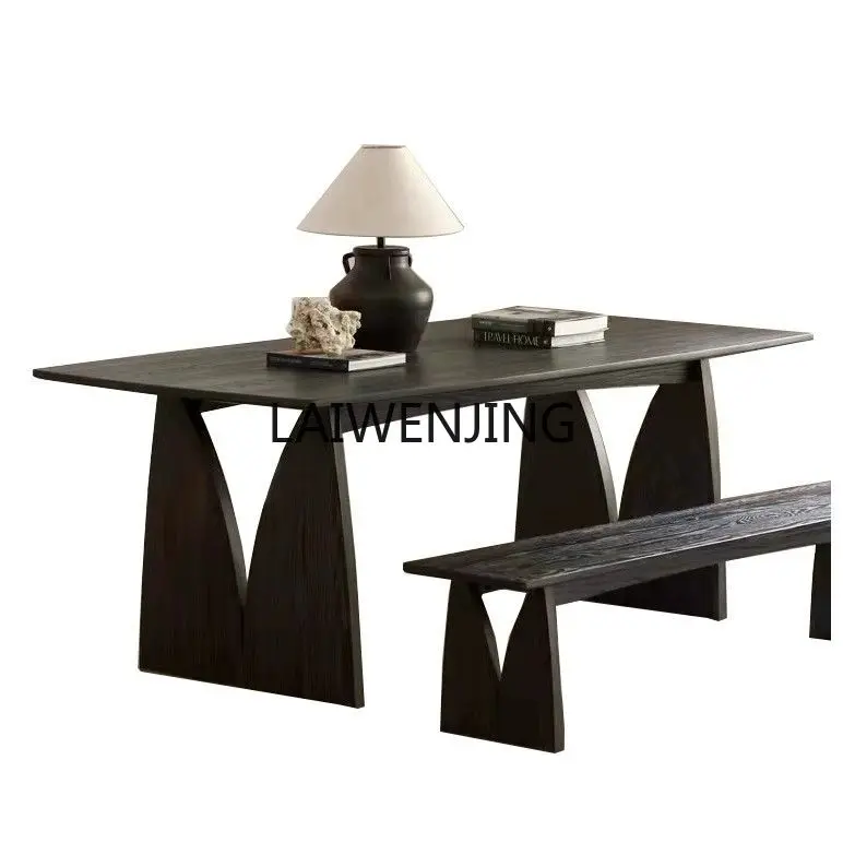 HLZ Nordic wabi style black solid wood dining table simple modern ash wood tea table workbench