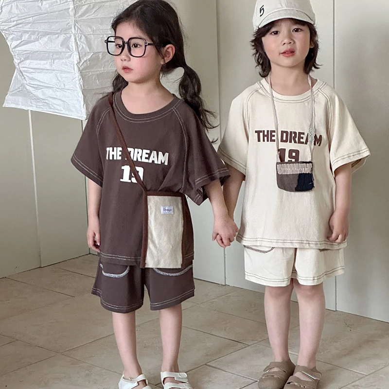 Children's Summer Sports Clothes Set 1-10Y Casual Boys Tracksuit Tee+Shorts 2Pcs Loose Girls Letters T-shirt Suit Kid's Outfit