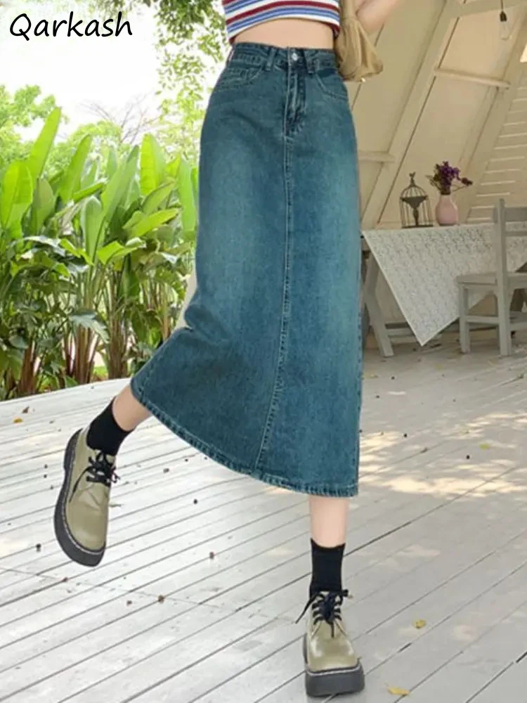 

Denim Skirts Women Vintage Spring Casual Fashion Ulzzang Simple All-match Slit A-line Temperament College Korean Style Classic