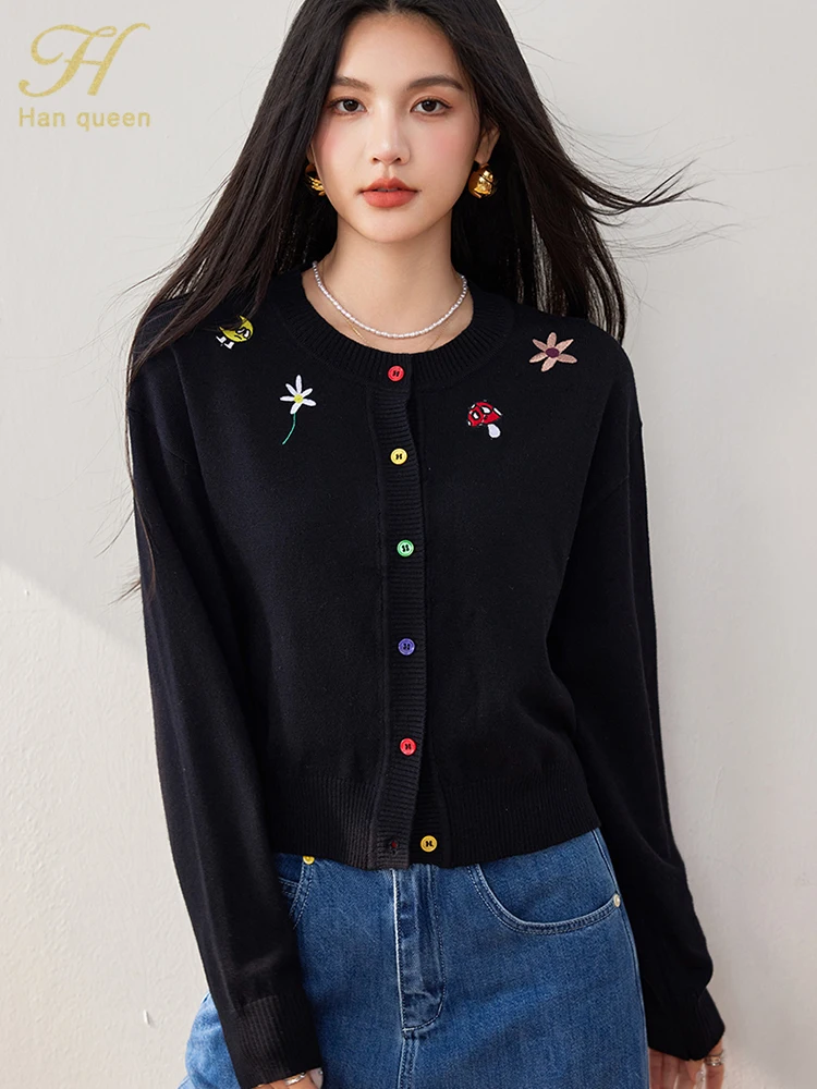 H Han Queen Autumn Winner Fashion Basic Vintage Embroidery Sweater Odzież damska Vintage Casual Tops Basic Knitted Cardigan