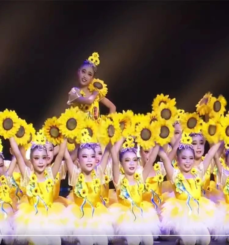 

Костюм для танца «Подсолнух»: Детская юбка для выступлений, блестящий фатин, наряд для хора и декламации стихов, праздничная одежда