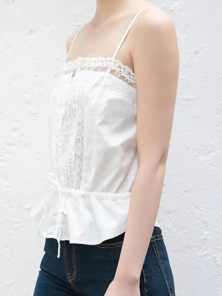 White Lace Slim Camis Top Women Vintage Solid Sexy Sleeveless Cotton Y2k Clothes Summer Fashion Casual Chic Button Tank Tops