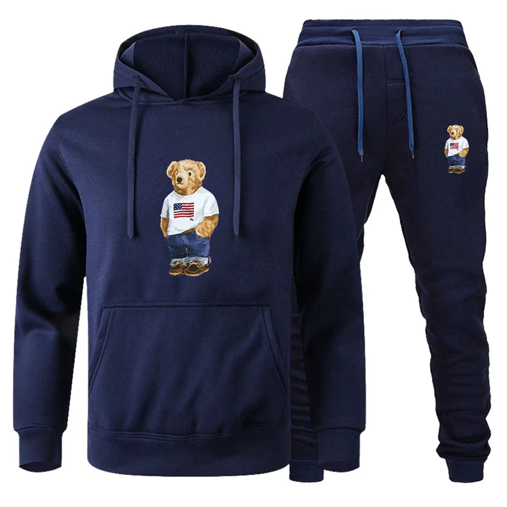 2025 Men's teddy bear print men's hoodie + sweatpants suit casual women's street wear fashion luxury sportswear equipment