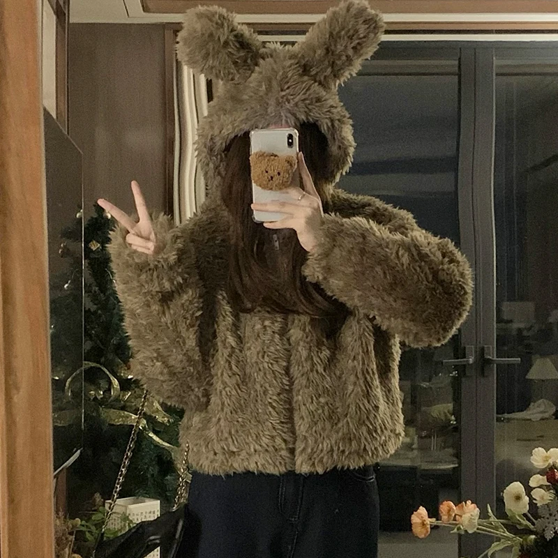 

Винтажные женские меховые куртки с длинным рукавом, милая толстовка с заячьими ушками и застежкой-молнией, 2025 зимних пальто, женская уличная верхняя одежда