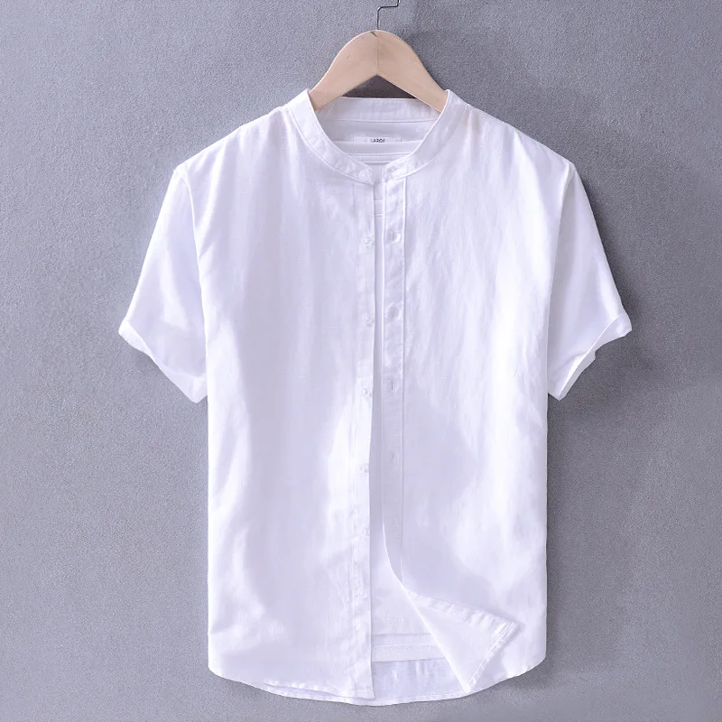 

Men's cotton linen short sleeve shirt stand collar linen plain casual shirt literary linen shirt men