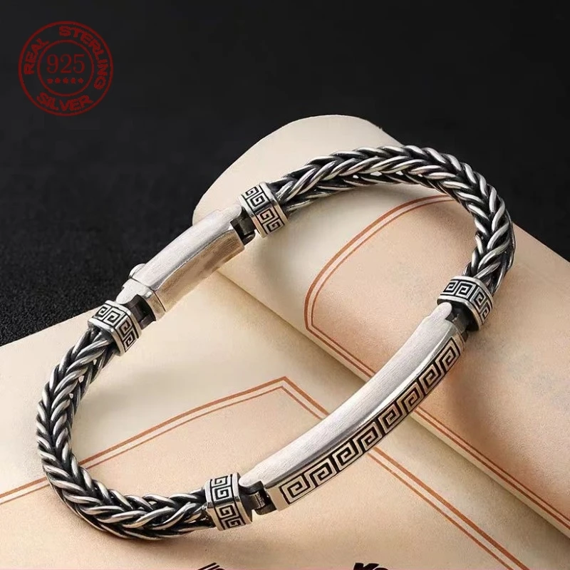 S925 Sterling Silver Retro Circular Pattern Pin Bracelet For Men And Women A Trendy And Creative Jewelry Gift