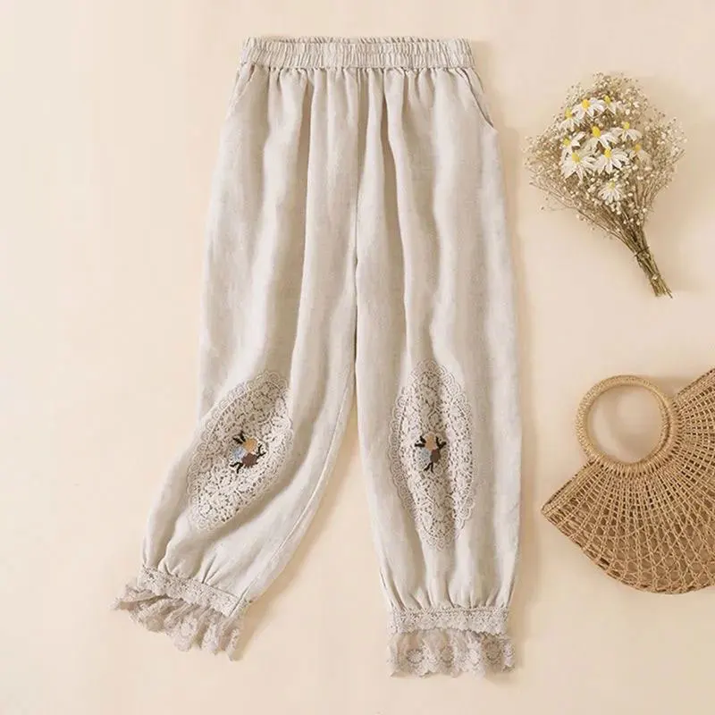 Bloomers Lace Linen Solid Casual Elastic High Waist Loose Wide Leg Women's Pants Ankle-Length Pants For Women Clothing 2024