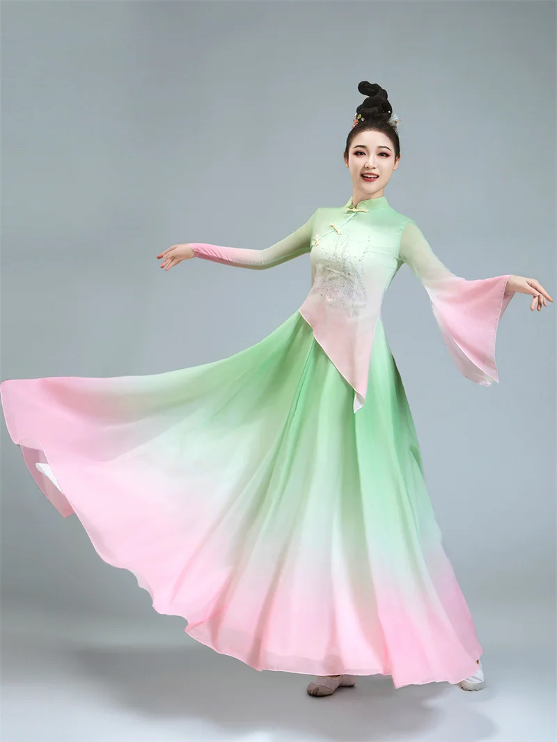 Modern Hanfu Women Chinese Folk National Dance Costume 2 Piece Long Sleeve Top Swing Circle Skirt Gradient Color Body Rhyme 3XL