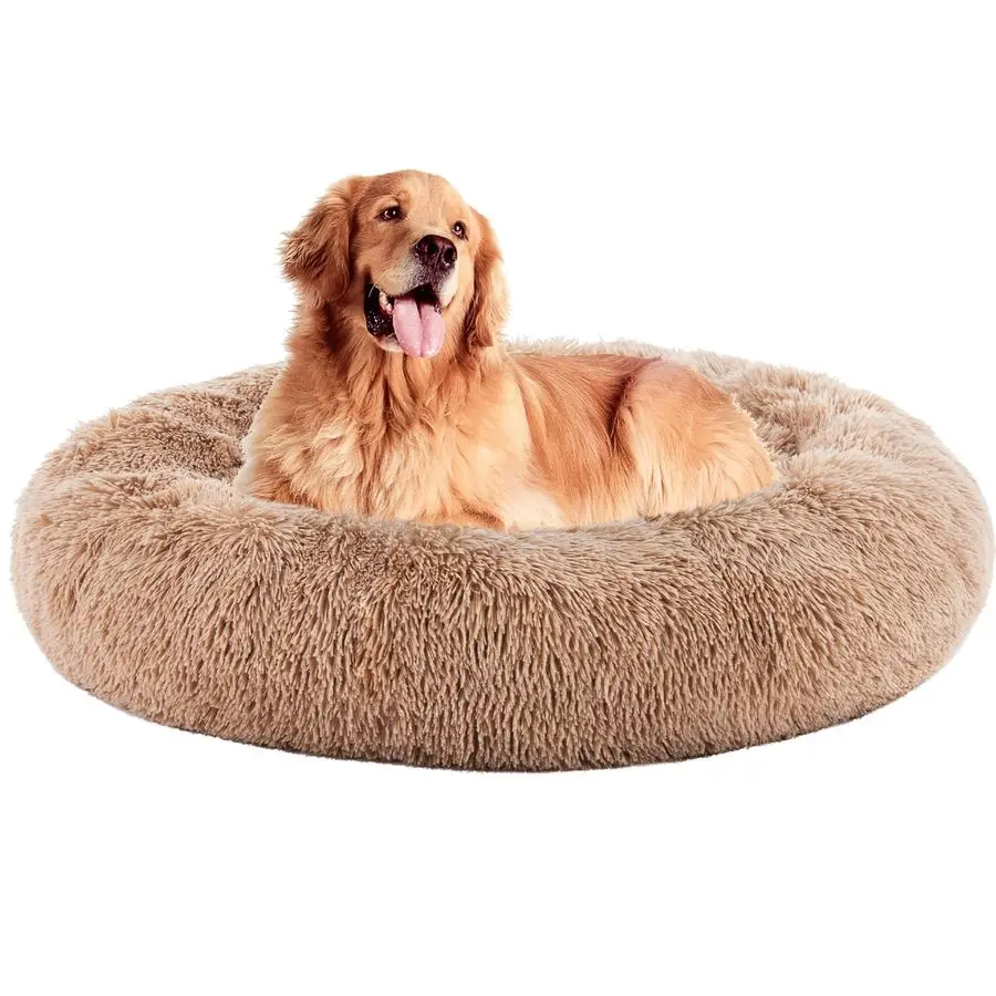 

37.4x37.4 Inch Calming Donut Dog Beds for Large Dogs, Machine Washable Cuddler Warming Cozy Fluffy Faux Fur Plush Round Pet Bed,
