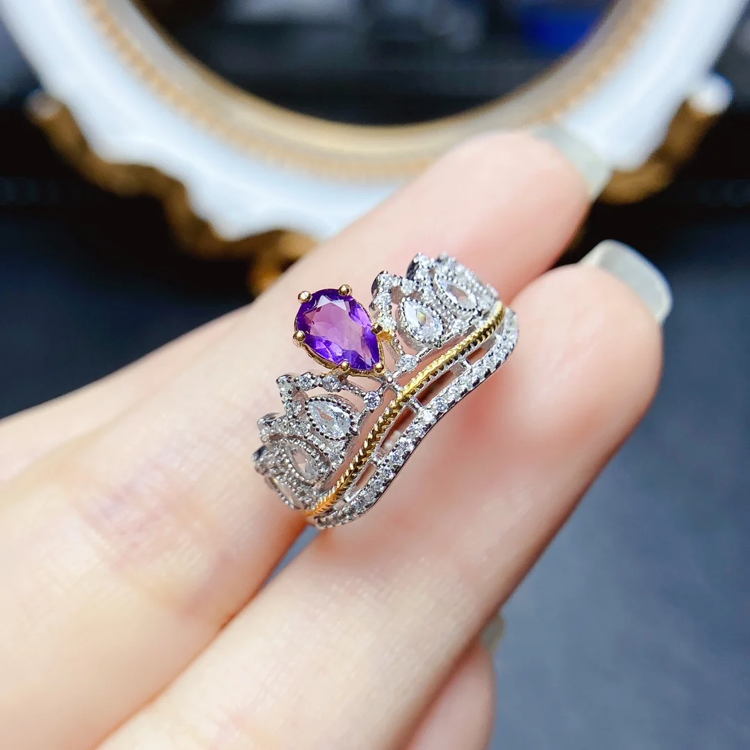 

FS 4*6mm Natural Amethyst Ring S925 Sterling Silver for Women Fine Hollow Out Charm Weddings Jewelry MeiBaPJ With Certificate