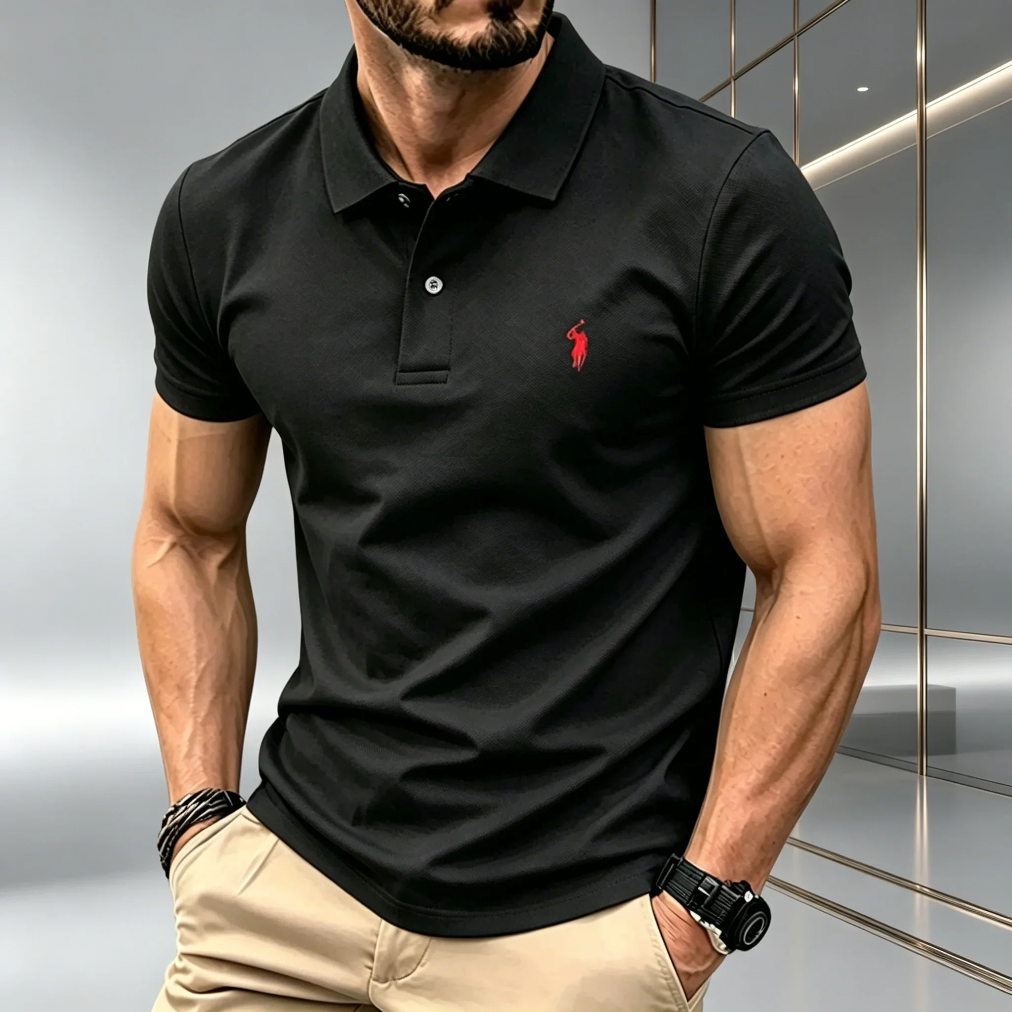 Men's Solid Color Polo Shirt Regular Fit Business Casual Short Sleeve Top Small Horse Embroidery Chest Print Golf Tee Clothing