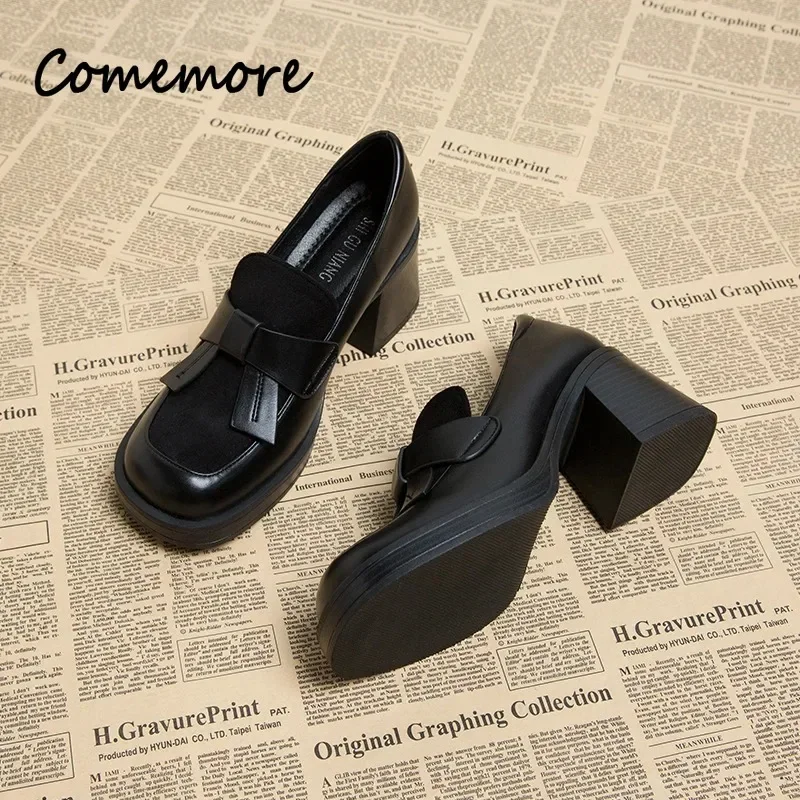 Comemore-mocasines gruesos de cuero marrón para mujer, zapatos de tacón alto con plataforma de lujo, estilo británico