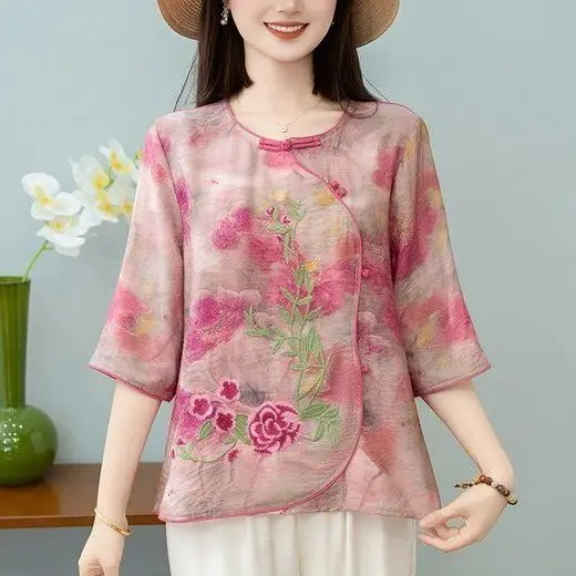 High-end ใหม่สไตล์จีน Retro ปักพิมพ์กลางแขนเสื้อผู้หญิงหลวมด้านบน