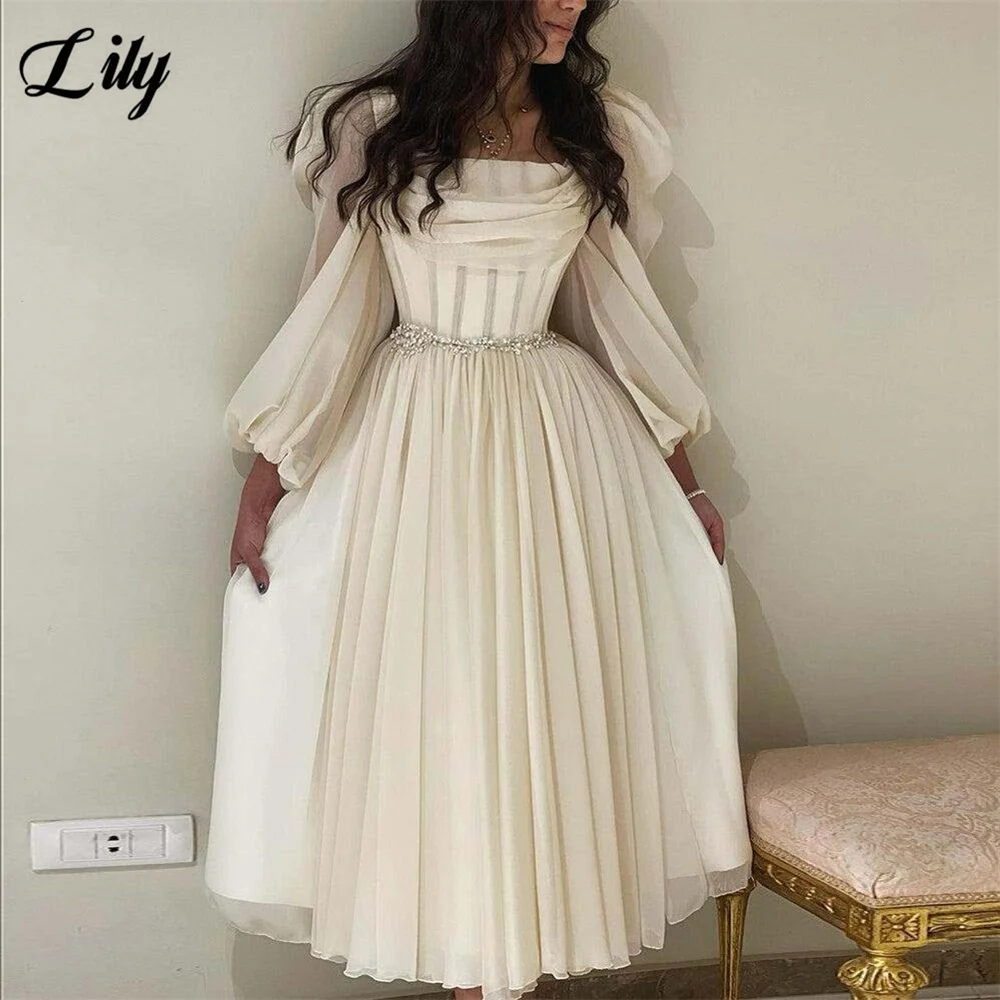 

Lily Beige Chiffon Prom Dress Square Neck Puffed Sleeve Celebrity Dress A Line Women's Evening Dresses Formal Gown Customized