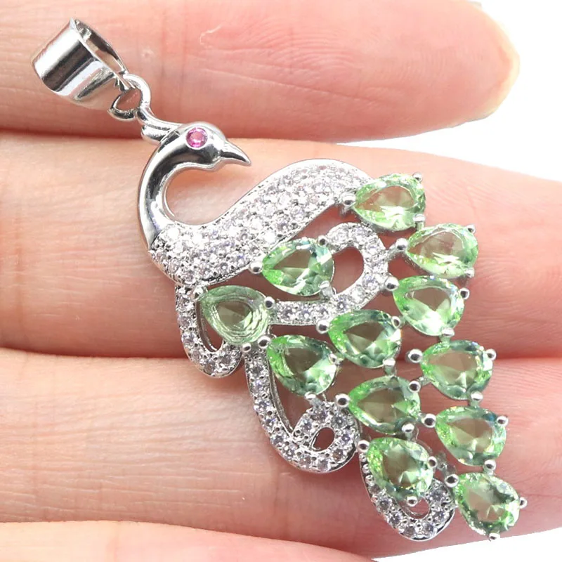 

46x20mm Peacock Shape Green Tsavorite Garnet Blood Ruby Deep Blue Sapphire Amethyst CZ Women Wedding Silver Pendant