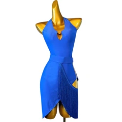 Backless Latin Dance Dresses Royal Blue Sleeveless Tassel Samba Purple Stage Performance Costume Women Dress Competition Wear