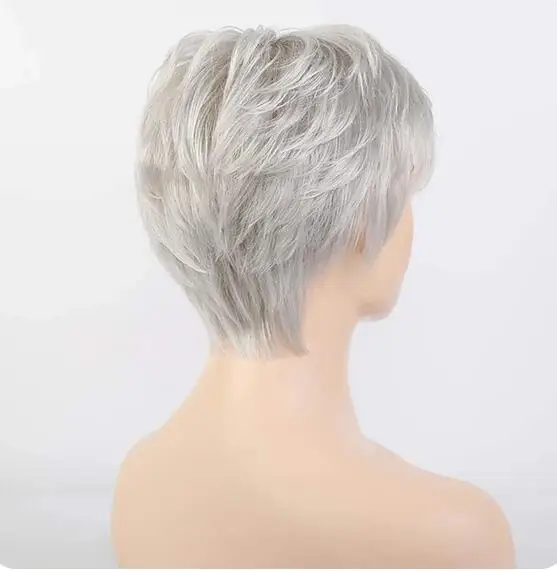 Short Grey Wigs for White Women Mixed Gray Silver Curly Wigs with Bangs Grandma Synthetic Short Hair Wigs