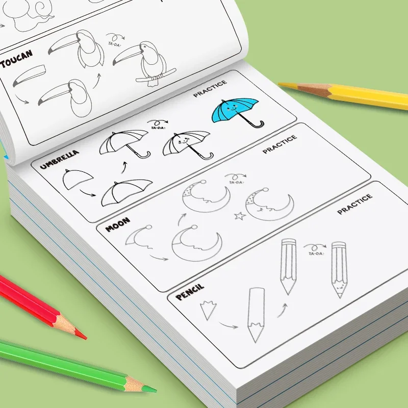 Fun Drawing Book Simple 4-step Tutorial on How To Complete Drawing 96 Cartoon Patterns Interactive Coloring Activity Book