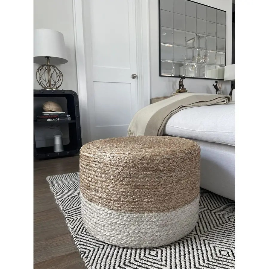 Pouf Ottoman 100 Jute Braided Footrest Pouf Hand Knitted Traditional Cord Boho Pouffe for Living Room, Bedroom, Nursery, Patio,