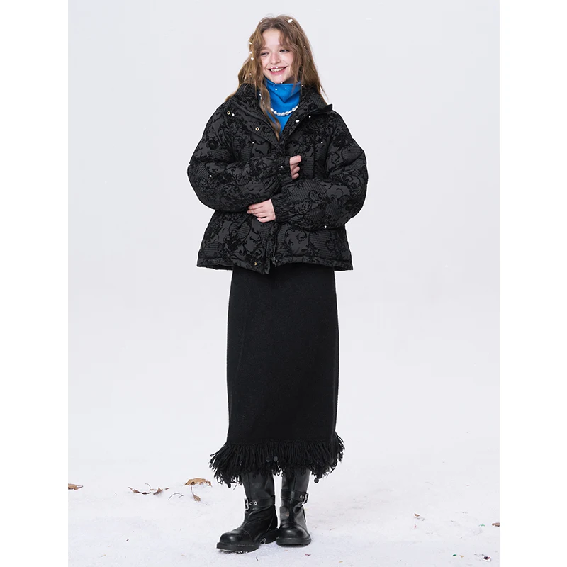 ELFSACK 2025 Puffy Down Coat Women Jacquard Embroidery Waist Gathered Gothic Royal Vintage Y2K Winter Long Puffer Jacket