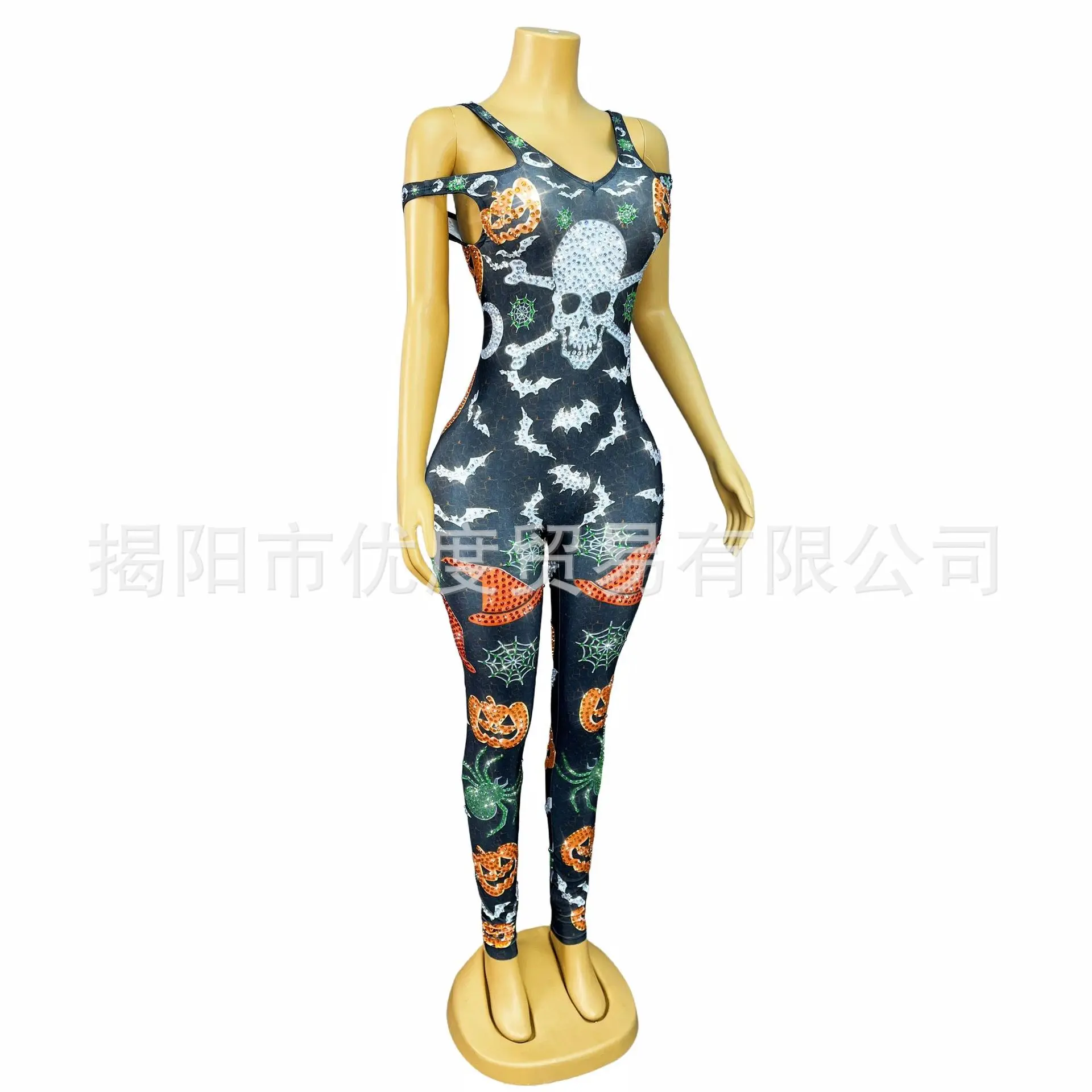 هالوين الجمجمة بذلة حجر الراين أكمام قطعة واحدة تأثيري ملابس رقص اليقطين رئيس فساتين السهرة امرأة أنيقة فاخرة