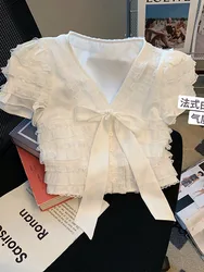 French Elegance Beige V-Neck Crop Top Women Lace Single Breasted Casual Shirts Summer 2024 Sweet Cute Chiffon Bow Blouses Design