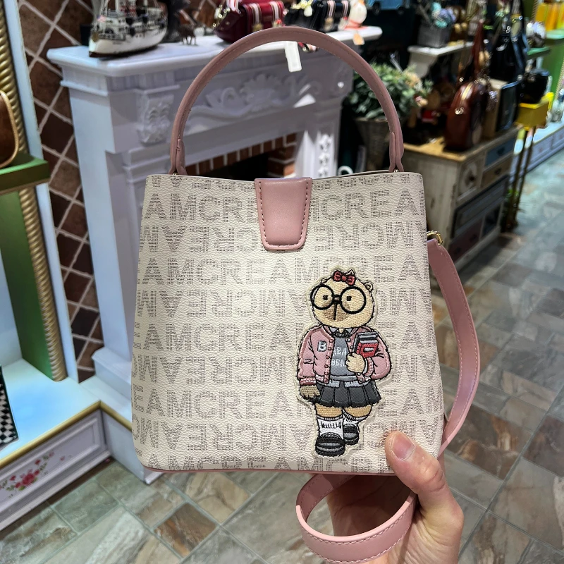 CREAM BEAR Large Capacity Bucket Bag Women's Handbag Letter Doll Cartoon Cute Summer One Shoulder Bag Crossbody Bags Female Bags