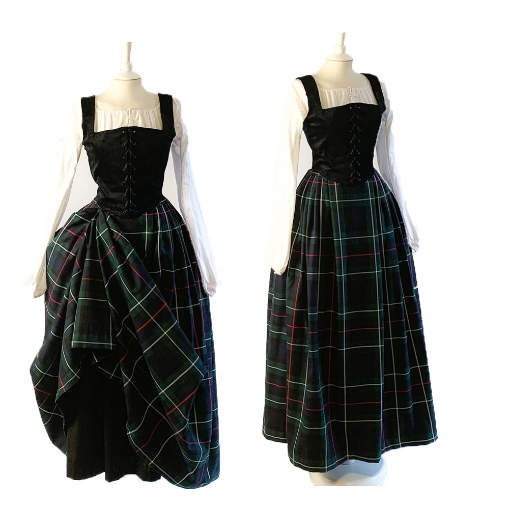 Women's Renaissance Medieval Costume Black Velvet MacKenzie Tartan Skirt 16th Century Dress Party Roleplay Outfits