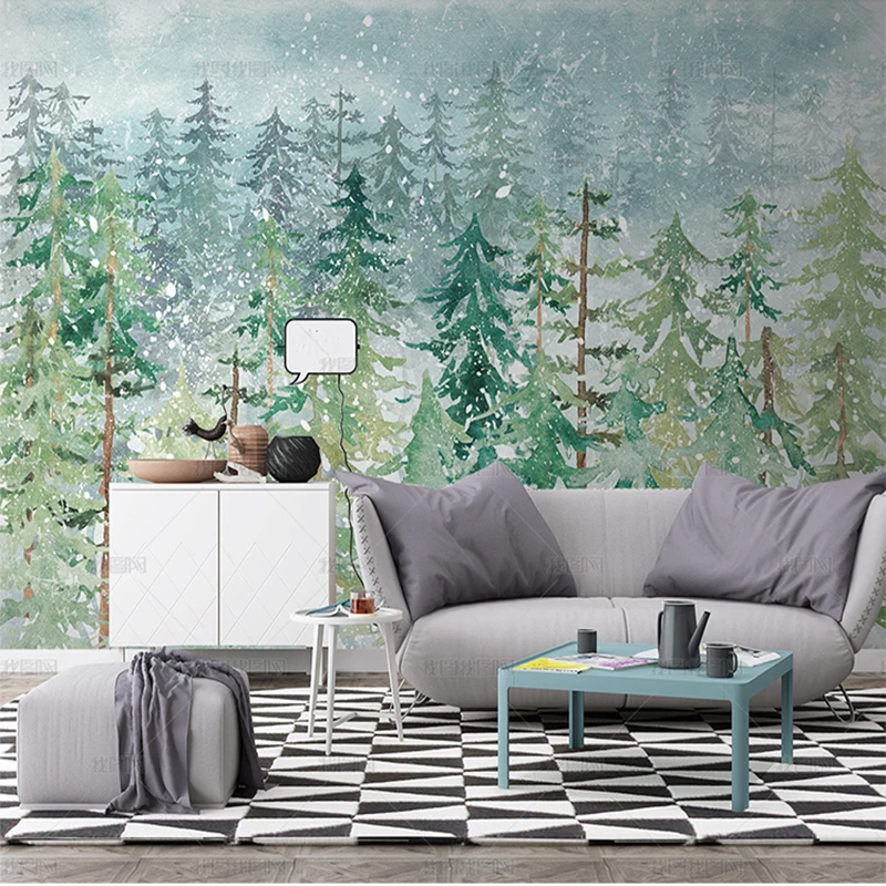 Customized product 3D hand painted pine forest Abstract forest watercolor wallpaper living room TV background wall mural bedroom