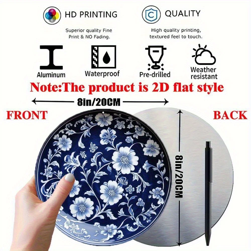 2D Flat Aluminum Round Wall Decoration, Deep Blue Porcelain Plate, White Floral Pattern. Flowers And Leaves with Different Shape