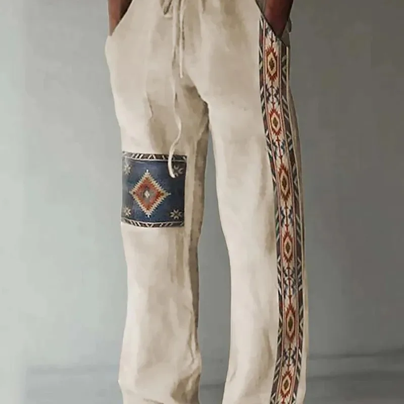 Винтажные мужские брюки в этническом стиле, летние брюки, пляжные брюки, повседневные брюки с эластичной резинкой на талии и 3D геометрическим принтом