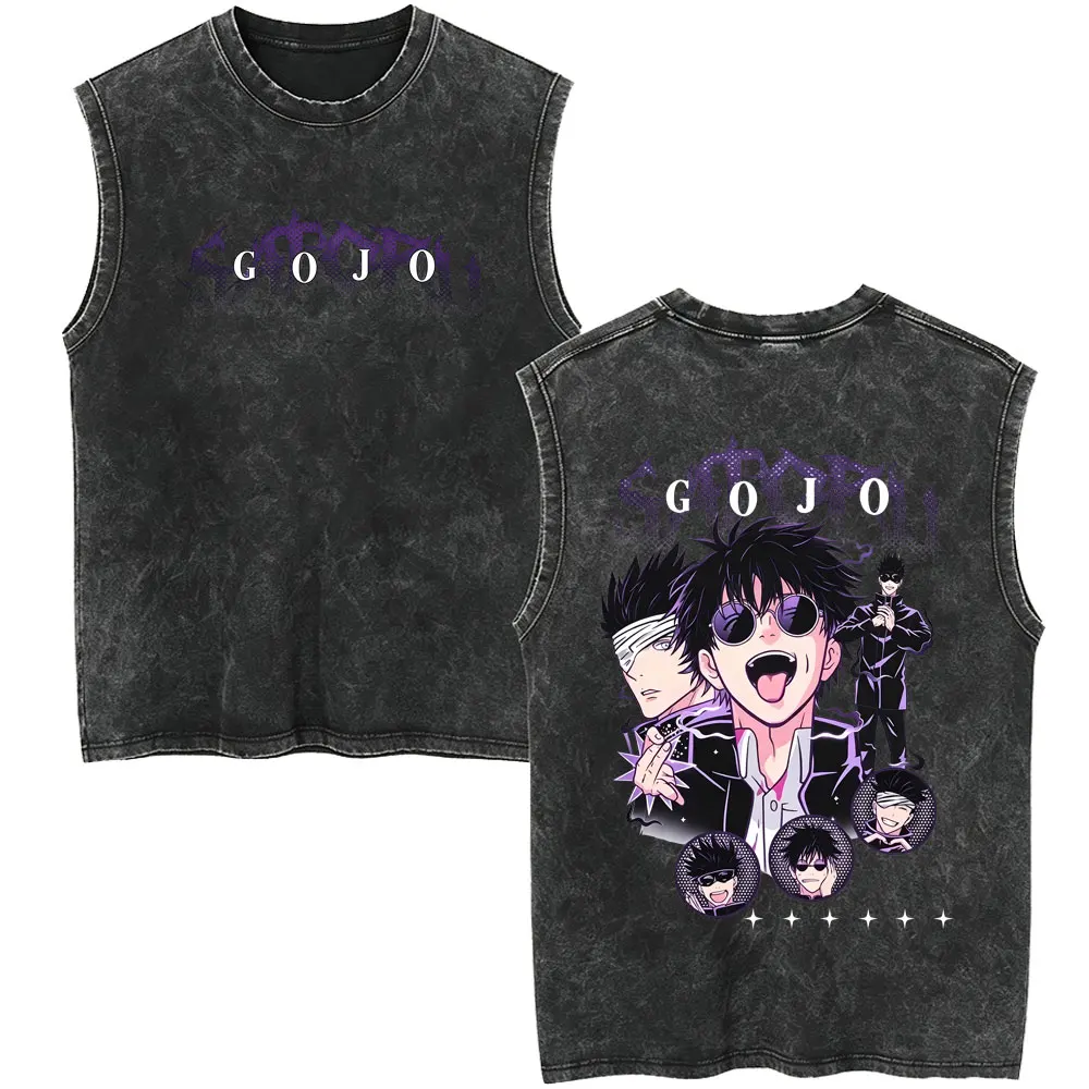 Anime Jujutsu Kaisen Gojo Satoru Vintage Washed Tank Tops Male Cartoon Manga Cosplay Sleeveless Vest Men Women Fashion T-shirts