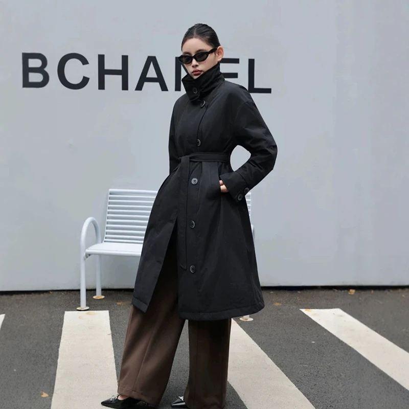 Winter Stand Collar Trench Knee Length Down Jacket Female Windbreaker Long Down Jacket Women White Duck Down Lace Up Outwears