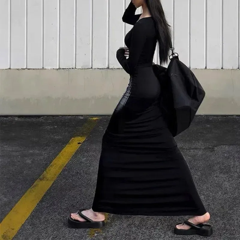 Novo vestido preto de manga comprida de corte baixo feminino cintura alta envoltório hip impresso vestidos rabo de peixe sexy nebuloso maxi bodycon vestido