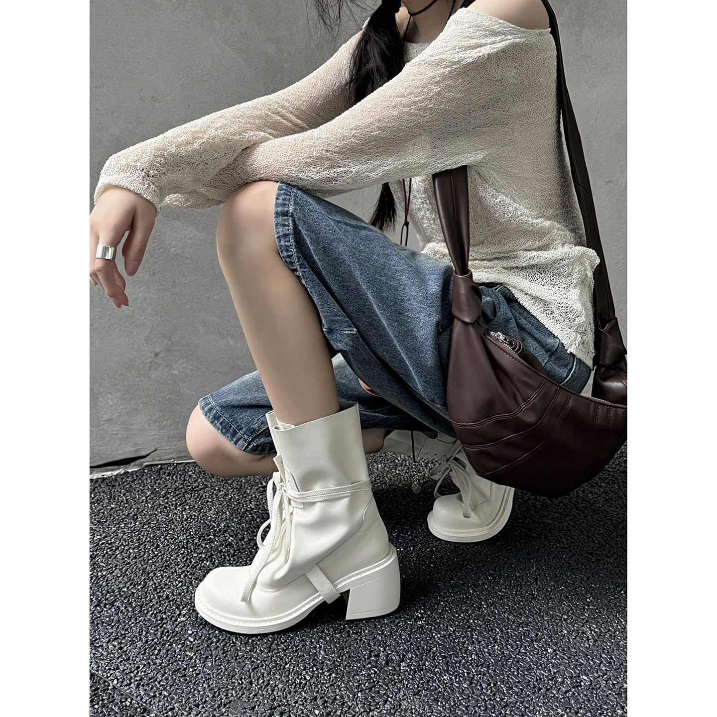 2026 new autumn winter women ankle boots 22-24.5cm split leather round toe thick heel lace-up modern boots fashion short boots